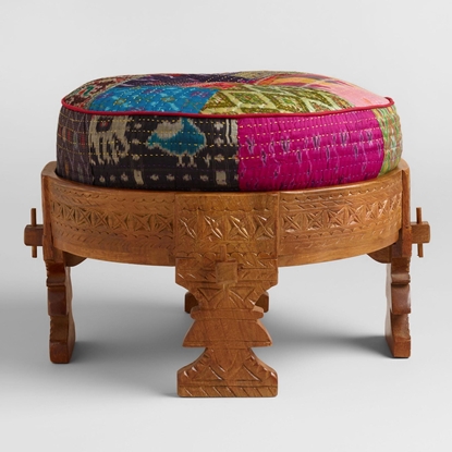 Picture of Wooden Pouffe Stool With Multi Color Fabric