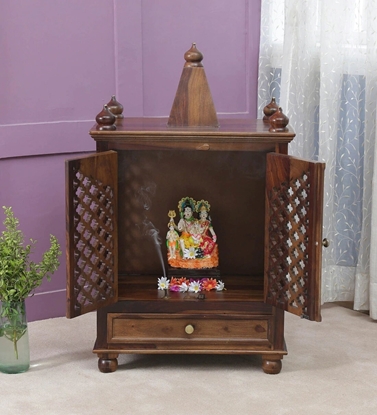 Picture of Solid Wood Sheesham Pooja Mandir With Jaali Door