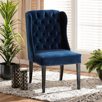 Picture of Baxton Studio Blue Upholstered and Brown Finished Wood Wingback Dining Chair