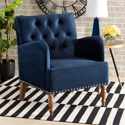 Picture of Baxton Studio Eri Blue Velvet Upholstered and Brown Finished Wood Armchair