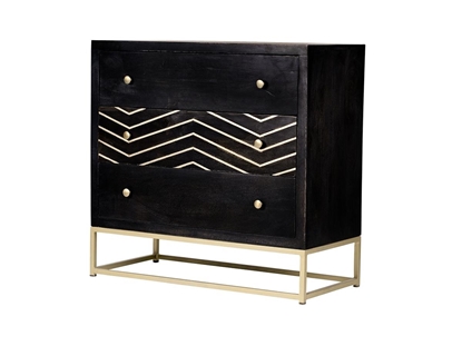 Picture of Chest of drawers with 3 drawers Mango wood and metal Black and gold in art deco style - PRISMIN