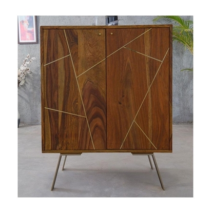 Picture of 2-door bar cabinet in Sheesham wood and gold metal - ORPHEA